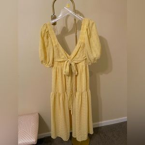 Lulus Dress- Hello Sweetheart Light Yellow Puff
Sleeve Tiered Midi Dress